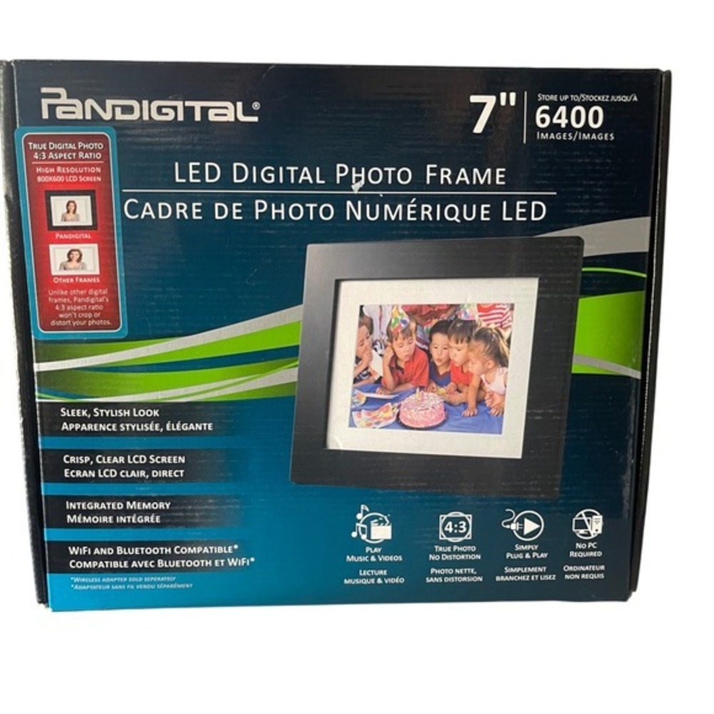 PanDigital 7" LED Digital Photo Frame 6400 Images White Charcoal Mats New Open B